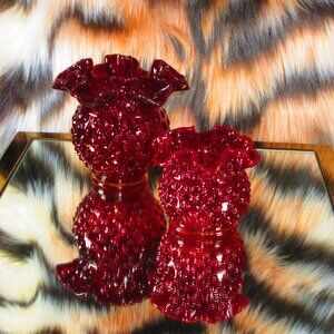 Fenton Cranberry Red Hobnail Double Ribbon Glass Vases set of 2